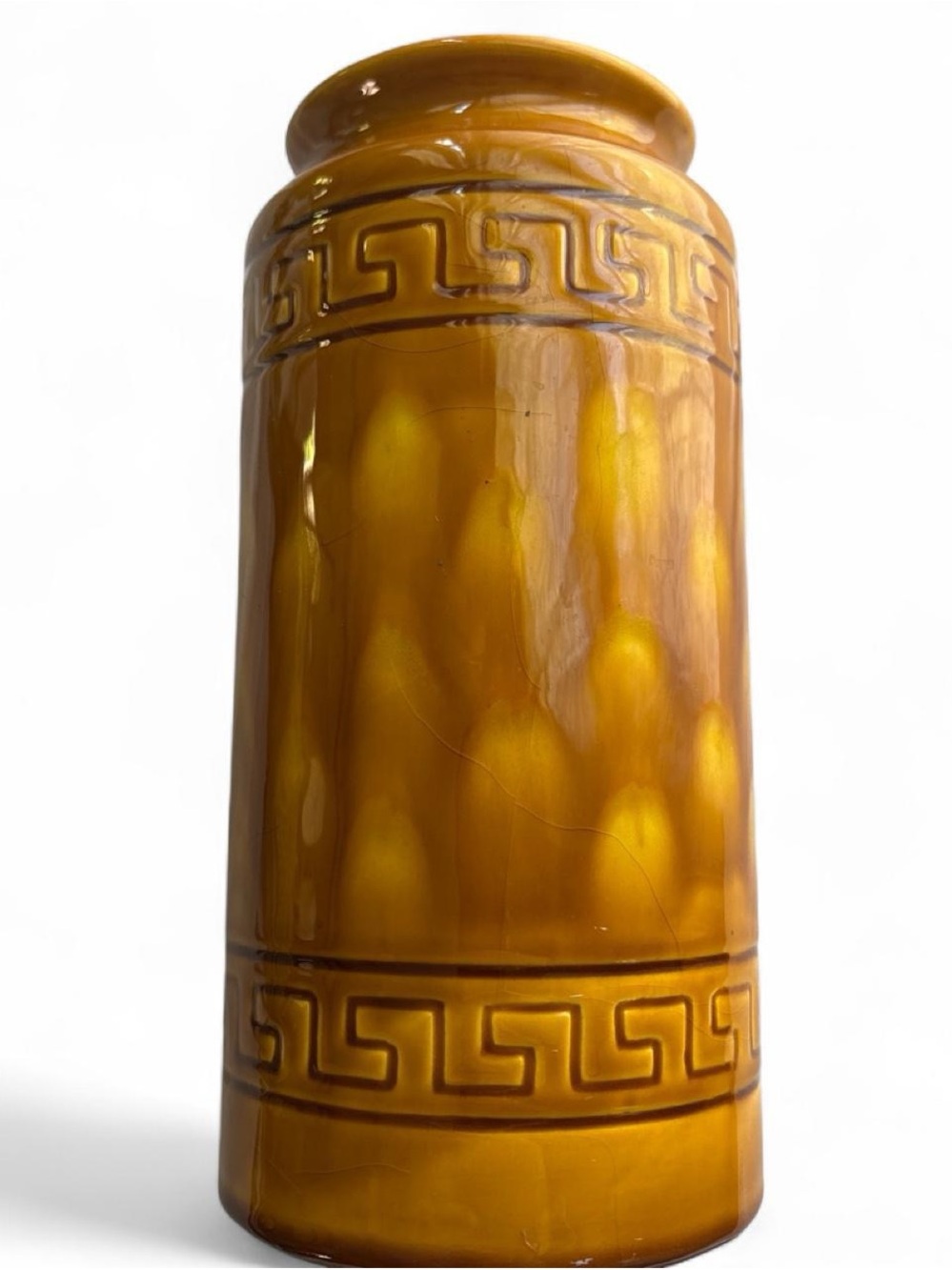 Vintage Gold Amber Ceramic Decorative Vase Greek Key Pattern Mid Century Modern